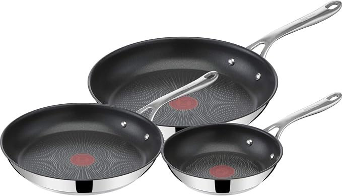 T-Fal x Jamie Oliver Nonstick Coated Stainless Steel Pans 8", 9.5" & 11", Frypan Set Induction Compatible, Oven Safe up to 500°F, Chef's Stainless Steel Skillet, Frying Pan, Silver | 3 Frying Pans 7.9/9.4/11 inch, Titanium Non-Stick Coating, Suitable f...