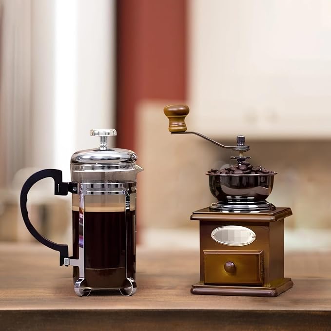 French Press Coffee Set, Metal & Wood Burr Grinder with French Press, Smooth Coffee Maker for Home & Camping, Coffee Table Decor, 7.9 x 5.1 x 2.6 inches