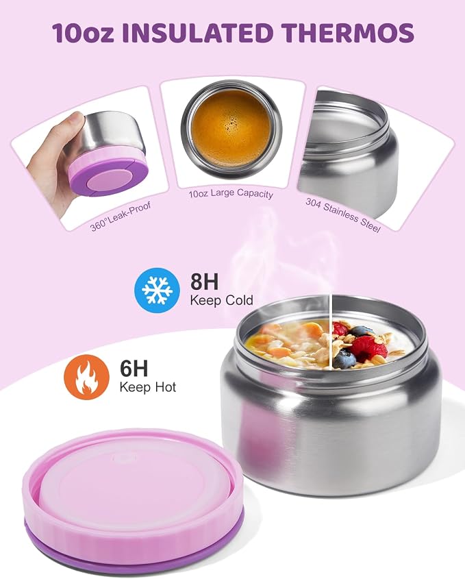 SOHIDA Bento Box with 10oz Soup Thermo: Kids Leakproof Lunch Box with 3 Compartments - Dishwasher Safe and BPA-Free - Vacuum Insulated Food Jar Suitable for Kids Back to School, Travel - Purple
