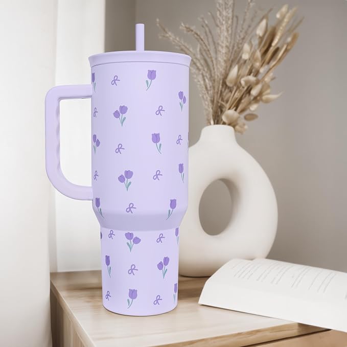 Floral 40oz Tumbler with Handle and Straw – Tulip Insulated Stainless Steel Travel Coffee Mug for Women Girls, Floral Gift Idea for Birthday Christmas Mothers Day