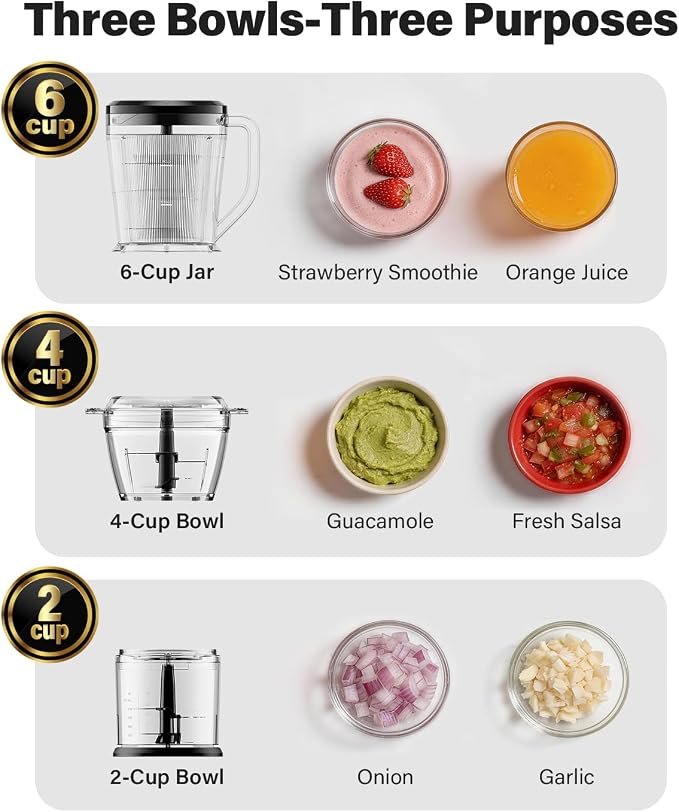 SHARDOR 3-in-1 Small Food Processor/Blender, 400W Powerful Food Chopper with 6-Cup Jar, 4-Cup Processor Bowl & 2-Cup Chopper Bowl, for Food Prep, Smoothies and Milkshakes