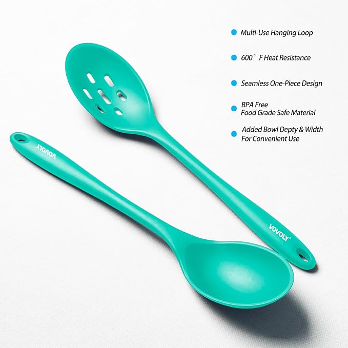 Silicone Spoons for Cooking - Extra Large Kitchen Spoons for Mixing, Serving, & Stirring - 600°F Heat-Resistant Non Stick Utensils Ladle & Skimmer- Dishwasher Safe, Teal