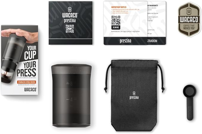 WACACO Prestina French Press Coffee Maker, Allin-one, Coal Black | Built-in stainless steel filter, Patented Cup-press Mechanism, Duck Valve Flow System, Cafetiere for Outdoor, 240ml