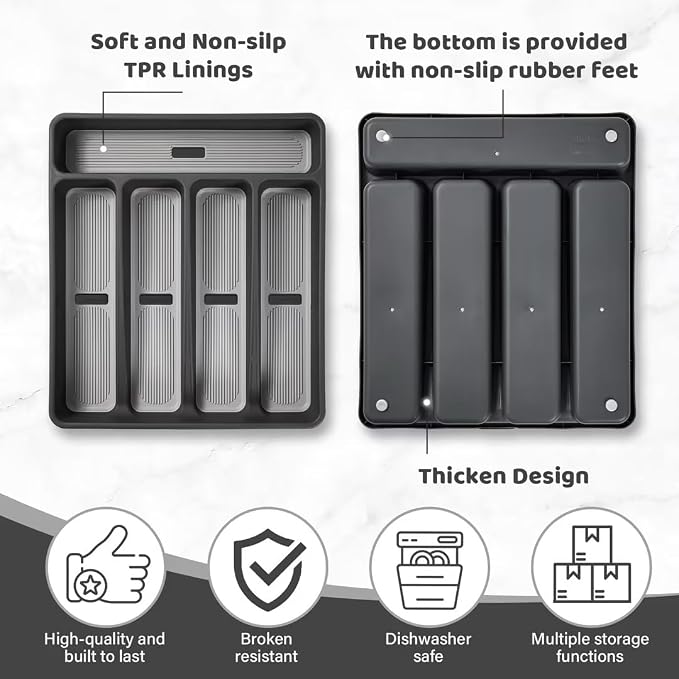 5-Compartment Silverware Organizer Tray with Icons for Kitchen Drawer | Non-slip TPR Linings，5-Compartment，High-quality Plastic，Fits Well In Standard Drawers，With Cutlery Icons