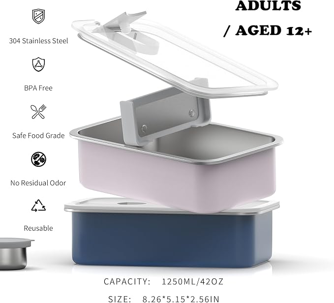 Bakpoco Stainless Steel Bento Lunch Box, 42oz Leak-Proof Metal Lunch Box Containers, Microwave-Safe, with Adjustable Divider, Convenient Lunchbox for Work, Travel