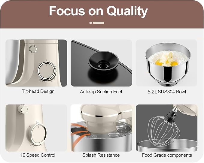 10 Speeds Stand Mixer With Bowl 6.5QT Stainless Steel, Electric Kitchen Stand Up Mixer for Baking Cakes Cookie Bread Salad Food with Egg Whisk, Dough Hook, Flat Beater - Portable Baking Mixers White