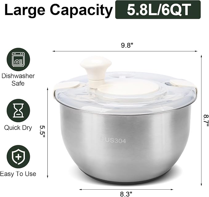 Stainless Steel Salad Spinner, Lettuce Spinner with Drain, fruit washer 6 QT with PP Cover Non-Slip Base, 3-in-1 Vegetable Wash Bowl for Dehydrating Lettuce, Fruits and Vegetables, Pasta