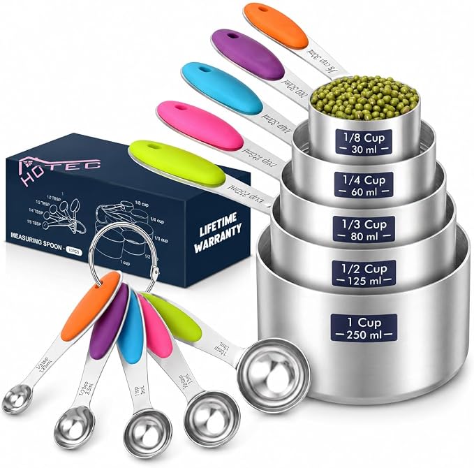 HOTEC 10-Pack Measuring Cups &Spoons Set, Kitchen Gadagets Cooking Baking, Measuring Spoons, Heavy Duty & Dishwasher Safe for Dry and Liquid Ingredients, Multicolor