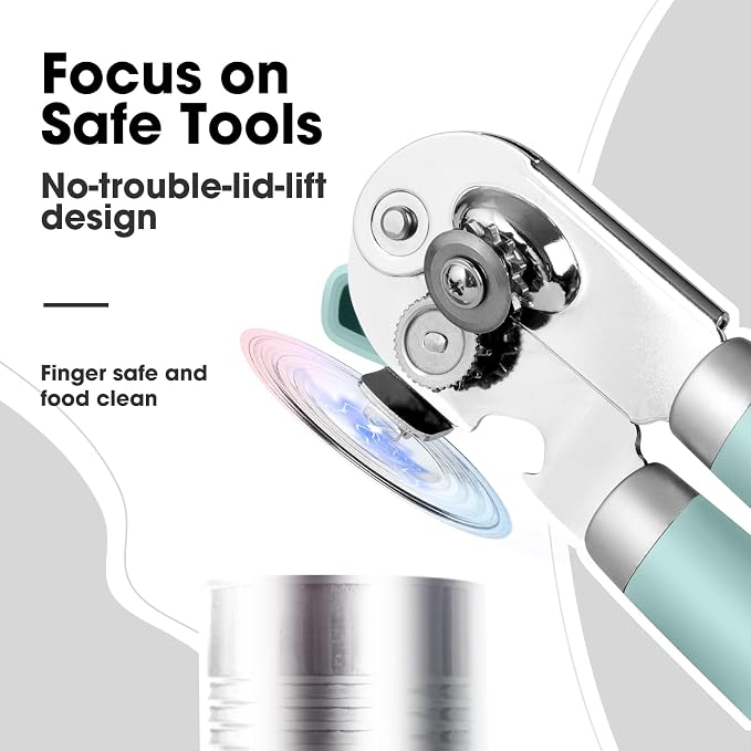 Beneno Heavy Duty Hand Can Opener Manual with Magnet Lid Remover, Mint | Razor-Sharp Carbon Steel Blade, Precise Smooth Cutting Gear, Big Effort-Saving Knob, Soft Grip Handle, Built-in Bottle Opener