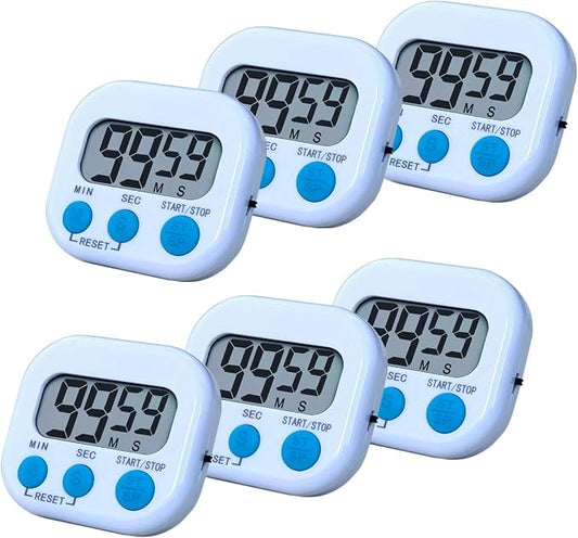 Digital Kitchen Timers, BESTWYA Electronic Timer (6, White) | LCD Screen Big Buttons On/Off Switch Count Up and Down Function for Kitchen,Study,Work,Exercise Training,Outdoor Activities