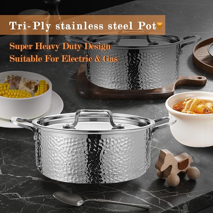 Vivicreate Tri-Ply Stainless Steel Stockpot Deep Cooking Pot with Hammered Exterior Compatible with All Stovetops Even Heat Distribution Durable Cookware for Soups Stews and More 4 QT