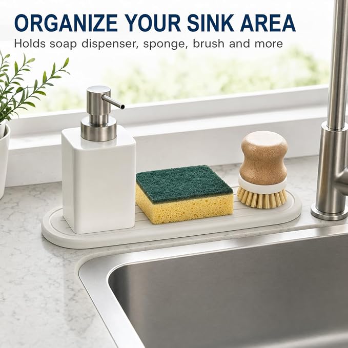 2PCS Water Absorbing Stone Drying Tray Mat for Bathroom Sink & Kitchen Counter Faucet Organizer Decor, Quick Dry Dish Soap Dispenser Sponge Holder, Vanity Sink Caddy Coaster,White -10"*3.8"