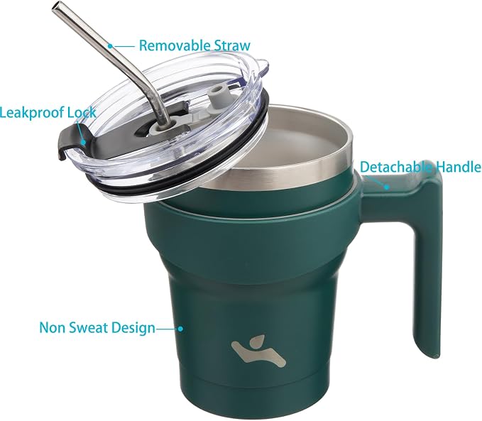 Konokyo 10 oz Tumbler with Handle and Straw, Insulated Travel Mug | Army Green; BPA-free, leak-proof tumbler with 2 lids, 2 straws, cup holder fit for coffee, office, travel & daily use