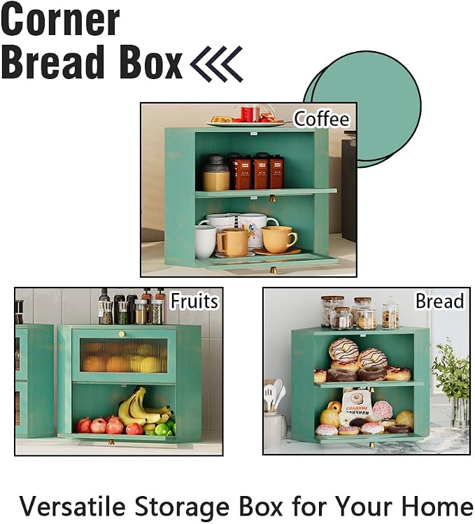 Trironsun Corner Bamboo Bread Box for Kitchen Counter Double Layer Bread Storage Container Large Capacity Bread Storage Bin with Wavy Arcylic Transparent Door (Antique Blue)