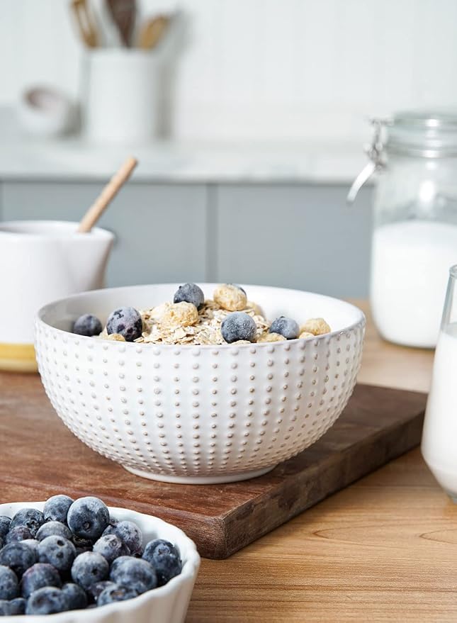 LE TAUCI Ceramic Dishes Set for 4, 12 Piece Plates and Bowls Sets, Embossed Kitchen Dinnerware Sets, Chip Resistant, Microwave & Dishwasher Safe, Arctic White (8"&10" Plate, 26oz Bowl)