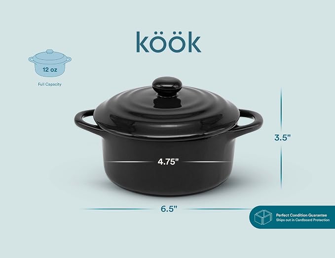 Kook Ceramic Mini Cocotte Set, Small Casserole Dishes with Lids and Handles, Individual Baking Ramekins, Oven safe 350F, Microwave & Dishwasher Safe, Stoneware, 12 oz, Set of 4, (Black)