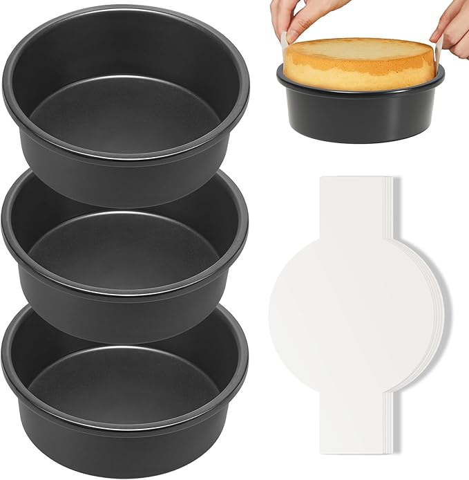 6 Inch Round Cake Pan Set for Baking with Healthy Parchment Paper, Nonstick Deeper Circle Cake Pans with Wider Grips, 3 Pieces Premium Layer Cake Tin, Cheesecake Mold, Huty Duty - Grey