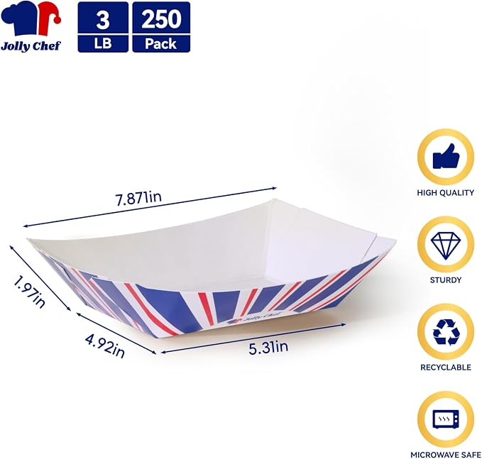 Disposable Paper Food Trays, 250 Count - 3lb Serving Boats for Gameday,Paper Food Boats for Hot Dogs, Fries & Party Snacks