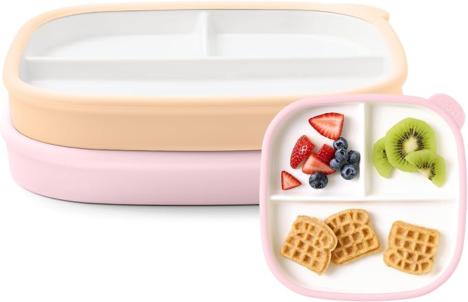 Ello Clean Start Ceramic Toddler Divided Plates, 2 Pack, Cashmere Pink/Dune | Porcelain toddler tableware for meals and snacks with silicone sleeves, microwave safe, dishwasher safe, and BPA-free