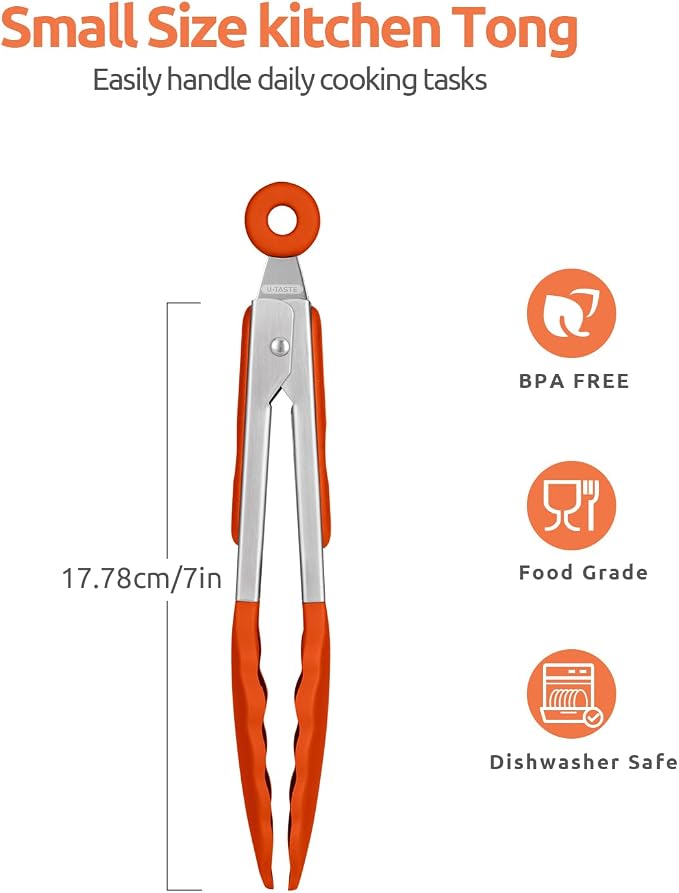 U-Taste Kitchen Tong for Cooking, 600ºF Heat-Resistant Tps, 7in/Orange | Small Mini Silicon Tongs for Serving Food, Short Salad Thong with Non Stick Rubber Tips & 18/8 Stainless Steel Handle