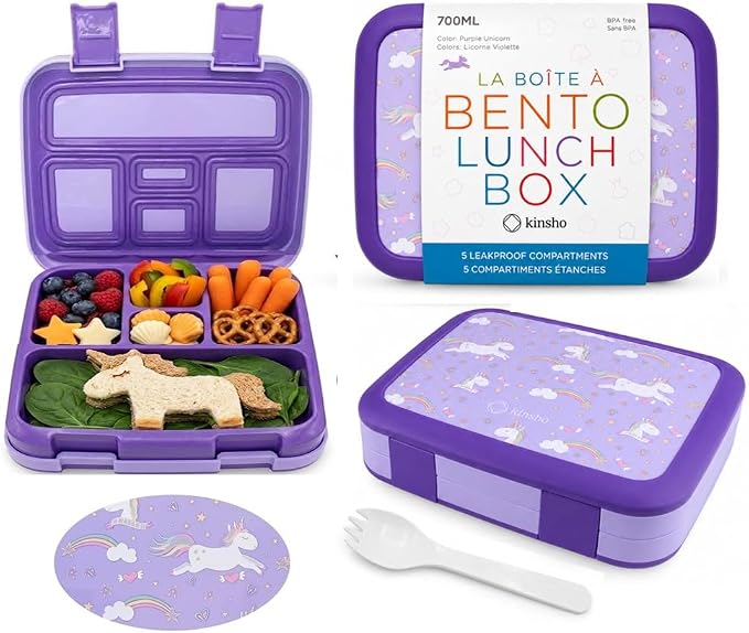 kinsho Bento Lunch Box Container for Kids, Girls Age 3 to 5, Purple Unicorn | 5 Portion Sections, BPA-Free Spill-Proof Leakproof Removable Plastic Tray, Snacks and Lunches for Toddlers Pre-School Daycare