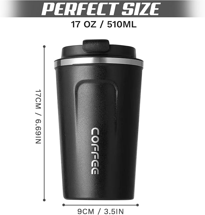 SPLMIFA Travel coffee mugs leak-proof, reusable coffee cups with lids, stainless steel vacuum insulated coffee tumblers, thermal insulation cups for men & women keep drinks hot & cold(2nd-Black, 17OZ)