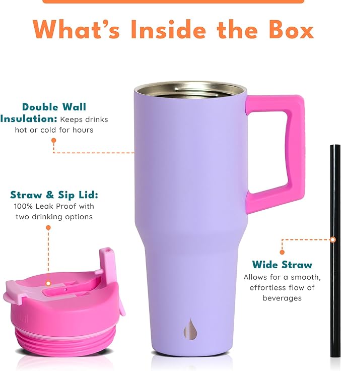 Elemental 100% Leak Proof 32oz Tumbler with Handle & Straw Travel Mug | Stainless Steel Double Wall Insulated Tumbler for Hot and Cold Beverages with Sip & Straw Lid