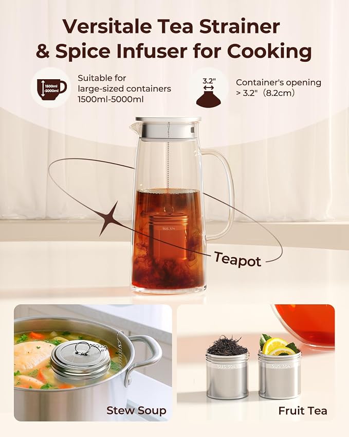 2 Pack Extra Large Tea Infuser for Loose Leaf Tea & Spice Ball | 304 Stainless Steel Fine Mesh Tea Strainer Ball, Threaded Lid, Chain Hook, Loose Leaf Tea Steeper for Black, Herb, Iced Tea