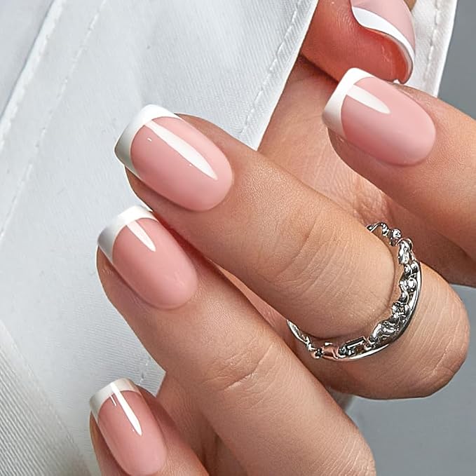 CurvLife Short Square French Tip Press On Nails, Classic, Soft Gel | 32PCS, 16 Sizes, Salon-Quality Natural Fake Nails, Curved Fit, 7-14 Day Glue-On Wear, Reusable Stick-On Nails, Press-On Kit