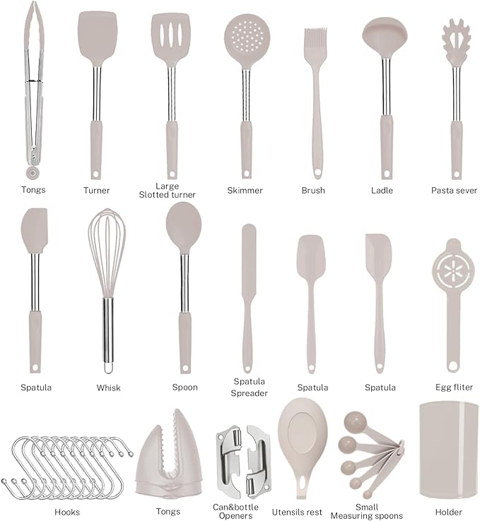 Silicone Kitchen Cooking Utensils Set with Stainless Steel Handle, Spatula Set Utensil Set, Cooking Utensil Set,Kitchen Tools Gadgets for Nonstick Cookware (35, Khaki)