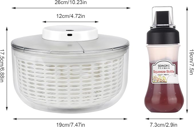 Electric Salad Spinner, 6L Vegetable Washer Dryer with 350ml Squeeze Bottle | Large Capacity Automatic Vegetable Washer Drainer Strainer for Fruit Drying, USB Lettuce Spinner Cleaner for Home Kitchen