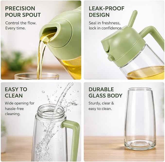 LIMPOPO Oil Sprayer for Cooking 16oz/470ml, Glass Olive Oil Dispenser Bottle, 2-in-1 Spray Mist & Stream Container for Air Fryer, Salad, BBQ, Baking & Grilling (Green)