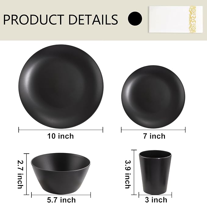 32pc Reusable Black Wheat Straw Dinnerware Sets Black Dishes for 8 | Unbreakable dishes set includes plates, bowls, cups, and napkins. Lightweight, stackable, and dishwasher safe for outdoor use