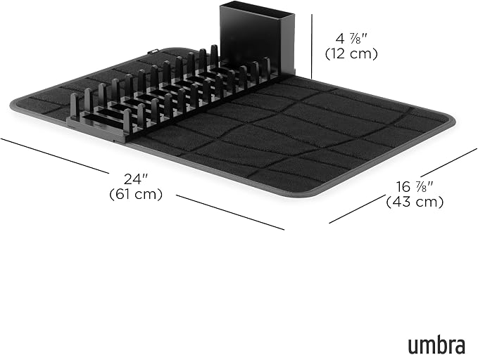 Umbra Udry Dish Drying Rack with Microfiber Mat, Foldable Drainer, Black | Machine washable, protects countertops, utensil holder, compact space saving design