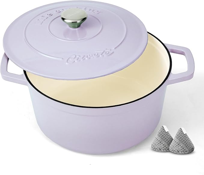Enameled Cast Iron Dutch Oven – 6 Quart Pot with Lid & Potholders – Heavy-Duty Cookware for Bread Baking, Braising, Stews & Roasting – Oven & Stovetop Safe up to 500°F – Purple