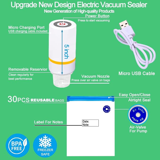 42 PCS Sous Vide Vacuum Sealer Set - 30 Reusable Bags, 5 Clips and Sealing Clips for Anova, Joule Cookers | 5 Clips and Sealing Clips for Anova, Joule Cookers Handheld Vacuum Sealer Machine, Seal Meal Saver, Portable Food Sealer