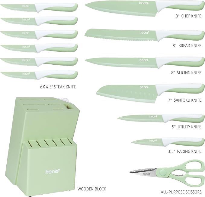 hecef 15 Pieces Green Kitchen Knife Set, Built-in Sharpening Wooden Block | Dishwasher Safe, High Carbon Stainless Steel, Includes Steak Knives & Kitchen Scissors