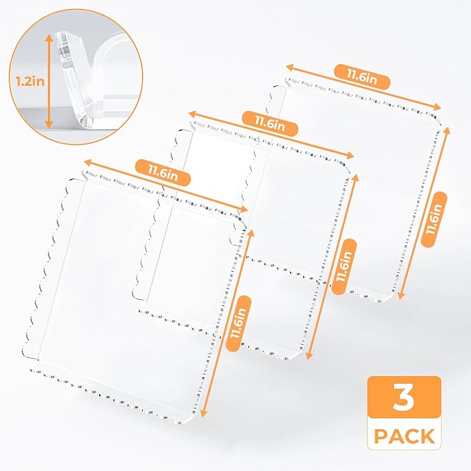 3 Pack Acrylic Serving Trays for Party, 11.6 x 11.6 Inch Clear Scalloped Serving Platters for Dessert Coffee Tea, Square Acrylic Plates for Cupcake Catering Fruit Trays for Event Party Supply Home Table Decor