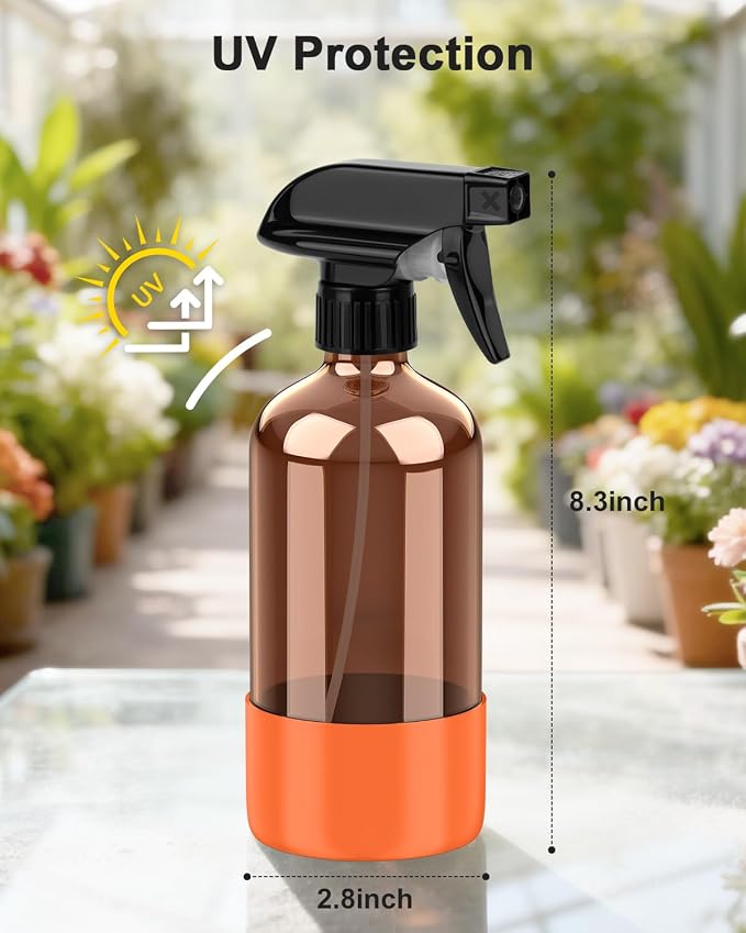 Bontip Amber Glass Spray Bottle, 16 oz, 1 Pack (Black & Brown & Orange) | Refillable amber glass bottle, With protective silicone sleeve, BPA-free, UV shielding, Great for cleaning solutions,plants