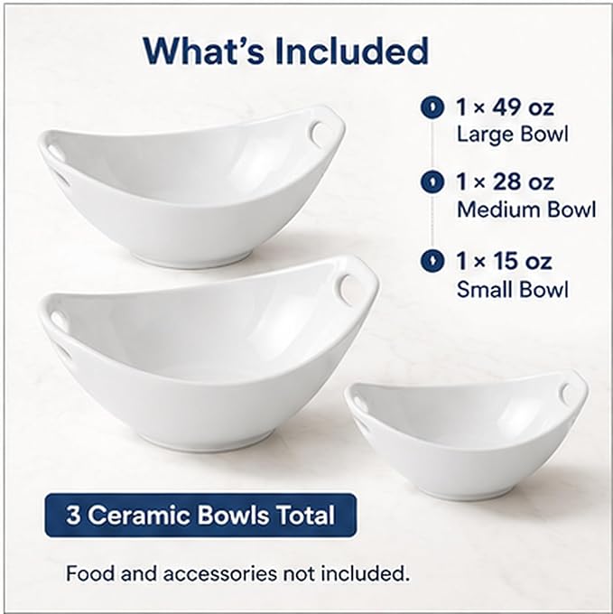 Ceramic Serving Bowls with Handles, Large Salad Bowl Set for Entertaining, Mixing, Serving Dishes for Parties, Kitchen, Housewarming & Everyday Use, Set of 3, 15/28/49 oz