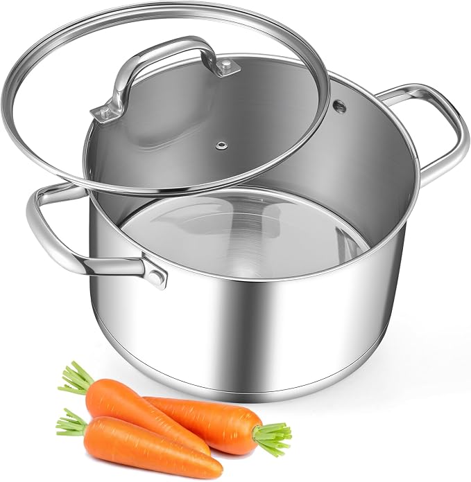 Leonyo 5Qt Stockpot with Lid, Stainless Steel Stock Pot for Cooking Soup | 3-Ply Heat-conducting Base for All Stoves, Stewing & Boiling & Simmering