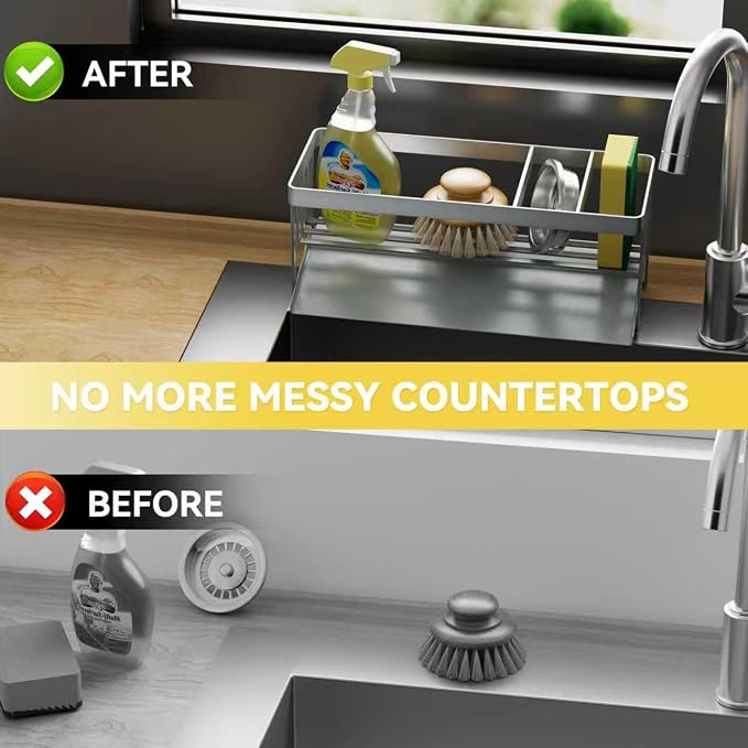 Kitchen Sink Caddy Organizer for Kitchen Countertop Organizers Silver | 304 Stainless Steel, Removable Drip Tray, Home Decor Accessories