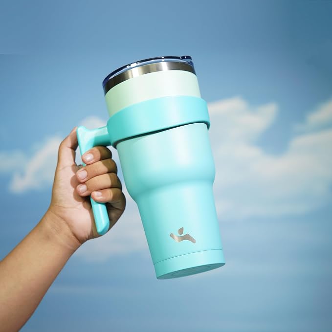 Konokyo 40 oz Tumbler with Handle and Straw, Insulated Travel Mug | Mint; BPA-free, leak-proof tumbler with 2 lids, 2 straws, cup holder fit for coffee, office, travel & daily use