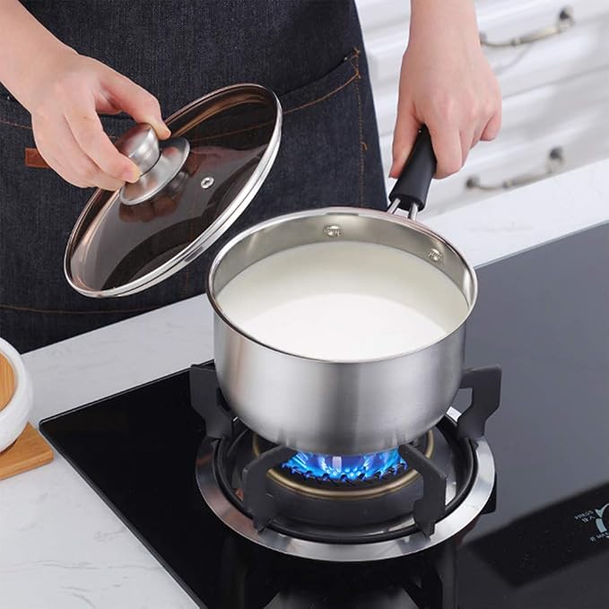 P&P CHEF 2 Quart Sauce Pan With Lid, Small Pot Saucepan for Milk, 1 Pc | Stainless Steel Saucepan, Small Sauce Pot for Cooking, Visible Glass Lid & Bakelite Heat-Proof Handles,Dishwasher Safe