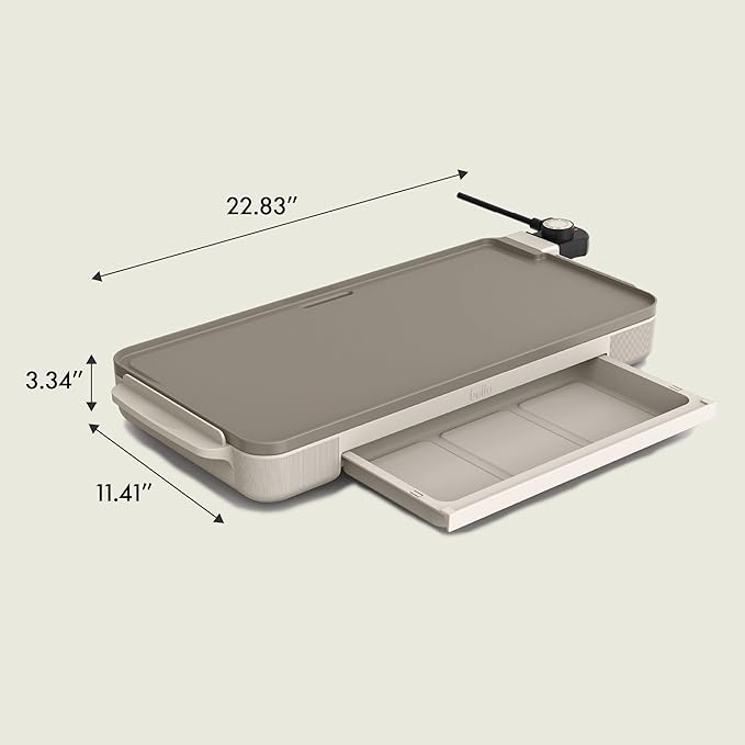 bella 10"x20" Ceramic Griddle with Warming Tray, 1500W Non-Toxic, Oatmilk