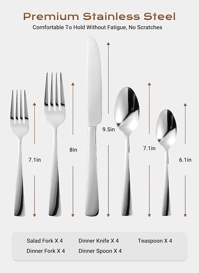 20-Piece Flatware Sets, Silverware Set for 4, Durable Stainless Steel Tableware in Ergonomic Design Size and Weight, Kitchen Utensils Set with Steak Knives, Rust-proof, Dishwasher Safe