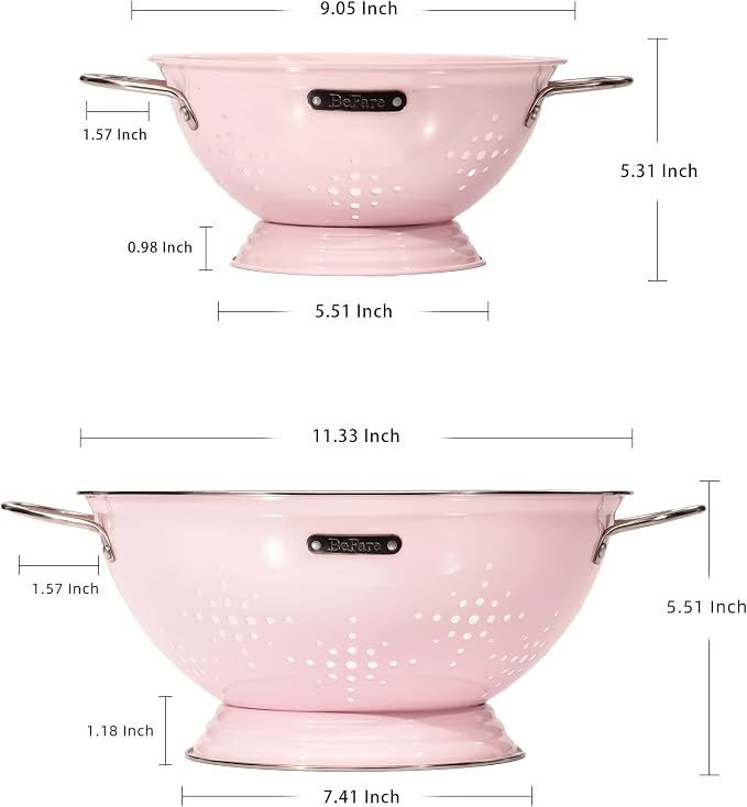 Metal Colander 2 Pack, Strainer Bowel with Handles 2Qt & 6Qt Powder Coated Solid Ring Base Heavey Duty Kitchen Drainer Basket for Pasta Veggies and Fruits,New Home Apartment Essentials (Pink)