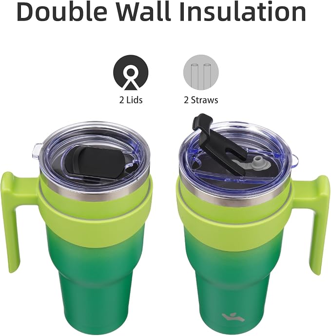 Konokyo 30 oz Tumbler with Handle and Straw, Insulated Travel Mug | Matcha Green; BPA-free, leak-proof tumbler with 2 lids, 2 straws, cup holder fit for coffee, office, travel & daily use