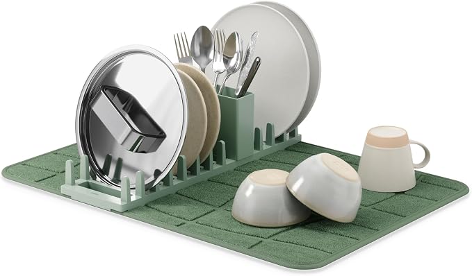 Umbra Udry Dish Drying Rack with Microfiber Mat, Foldable Drainer, Spruce | Machine washable, protects countertops, utensil holder, compact space saving design