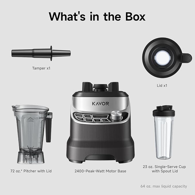 2400W Peak Countertop Blender for Kitchen, 64oz Pitcher & 24oz Travel Cup | AI Smart One-Touch & Stepless Speed, 4 Presets for Ice & Shakes, Self-Cleaning Blade, BPA-Free Touch Control